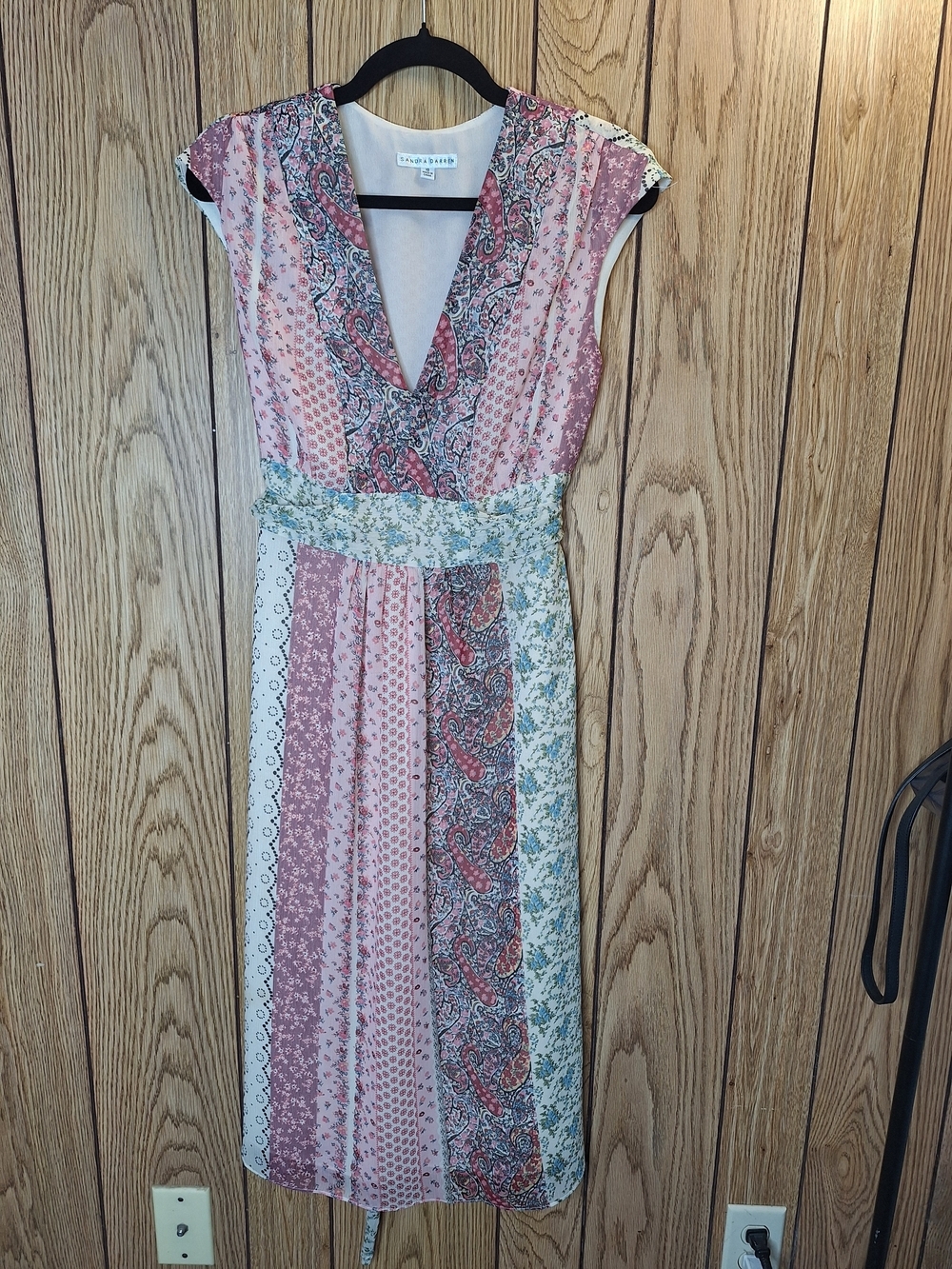 Sandra Darren Pink and Cream Patchwork Midi Dress Size 10
